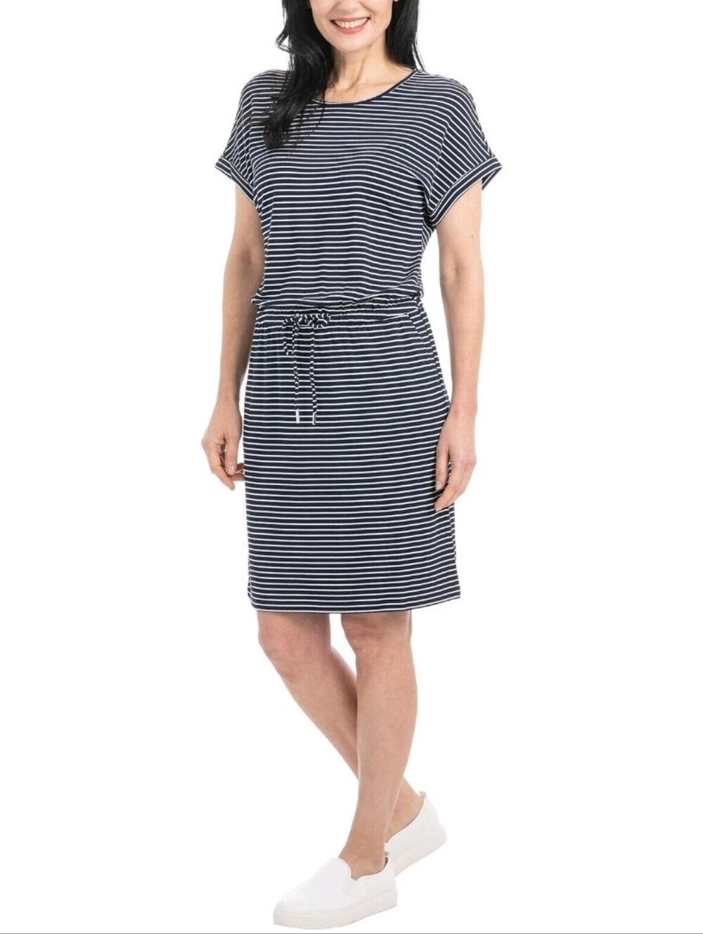 Hilary Radley Ladies' Short Sleeve Dress Blue White Striped Drawstring Rayon S